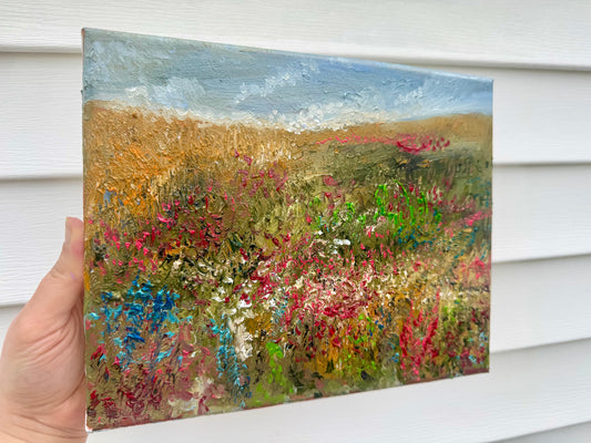 Original Oil Painting 8x10" – Windflower Field Landscape – Moody Gray Sky and Forest – Brown Meadow Wall Art – Nature Scene on Canvas