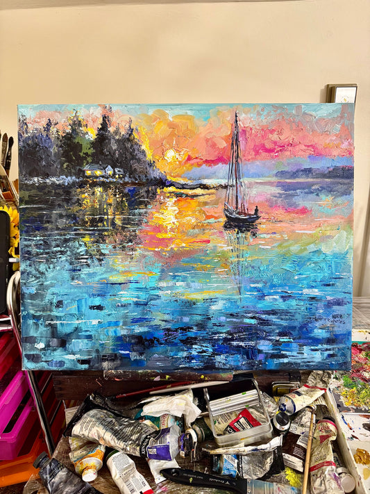Sailboat oil painting 16x20 ORIGINAL art, Landscape Ocean Seascape Sunset Maine, Coastal Marine Nautical