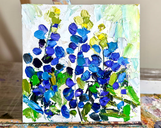 Original Oil Painting 6x6" – Three Lupines – Wildflower Floral Art – Blue Purple Flower Still Life – Nature Painting