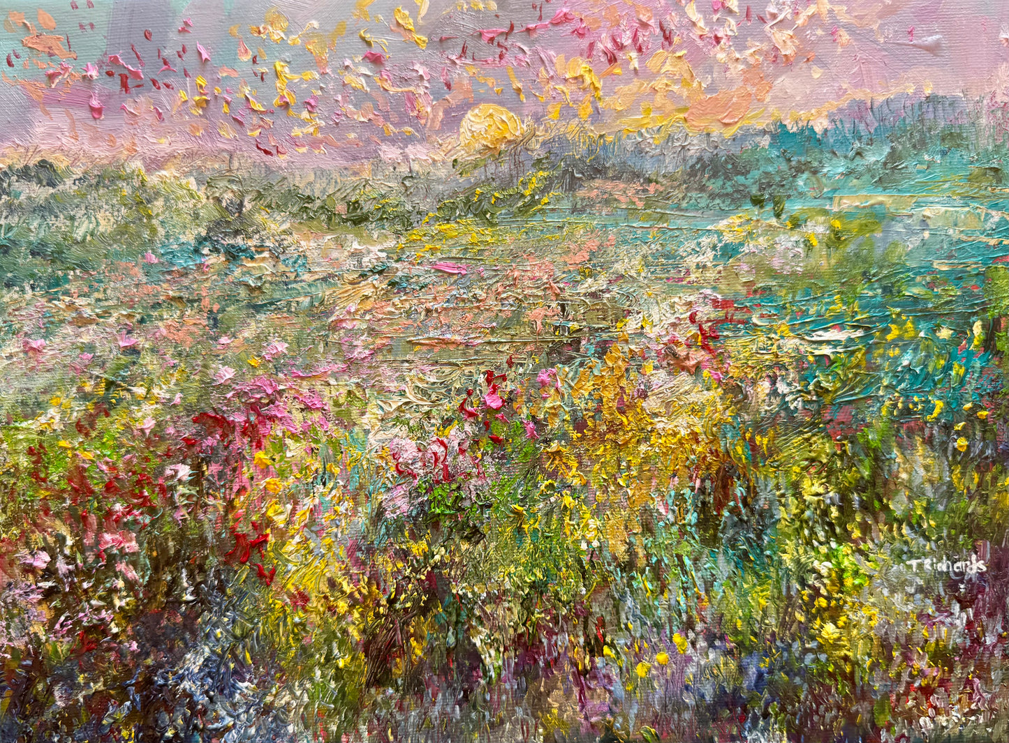 Sunrise Forest, Wildflower Landscape Field Original Art, 9x12 Oil Painting Artwork, Handmade Wall Art Nature Scene