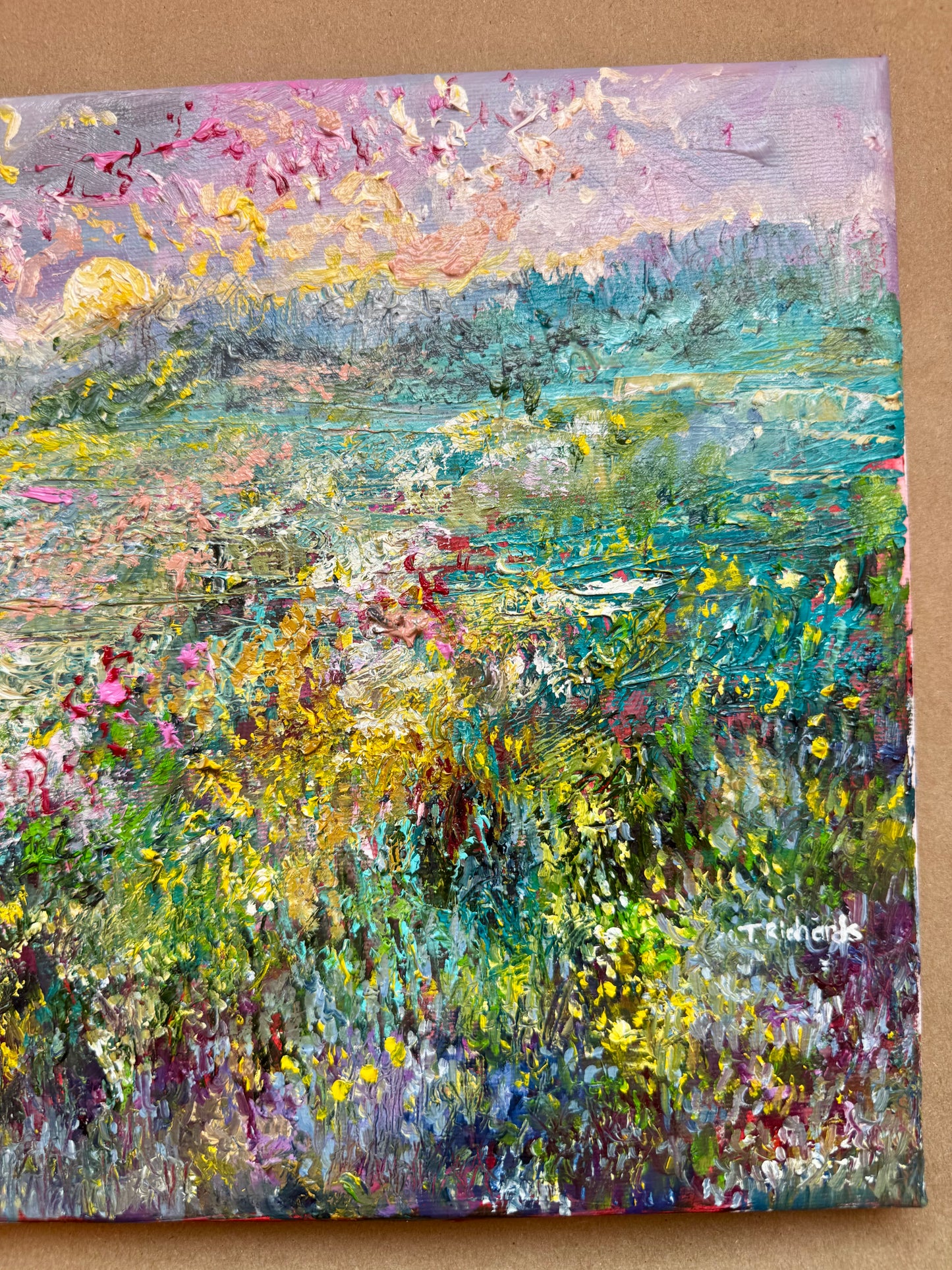 Sunrise Forest, Wildflower Landscape Field Original Art, 9x12 Oil Painting Artwork, Handmade Wall Art Nature Scene