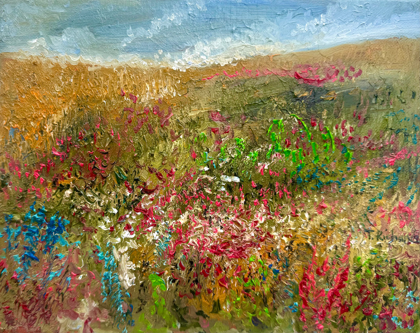 Original Oil Painting 8x10" – Windflower Field Landscape – Moody Gray Sky and Forest – Brown Meadow Wall Art – Nature Scene on Canvas