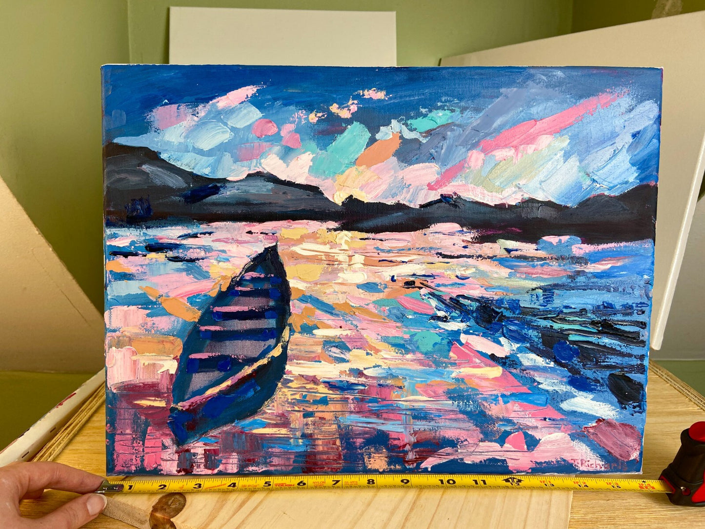 Oil painting ORIGINAL art Boat seascape ocean marine artwork lake sunrise 12x16"
