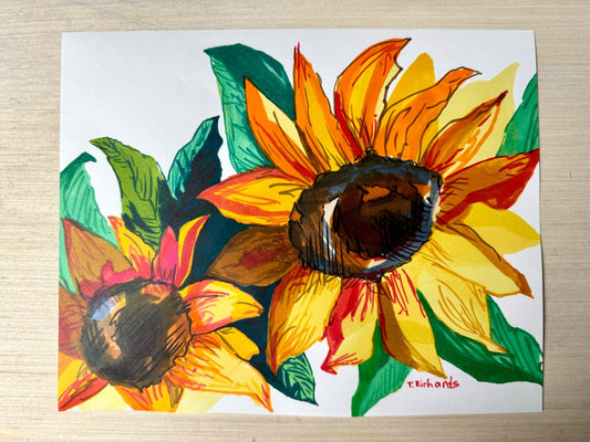 Sunflowers painting ORIGINAL art Flower floral Markers on thin paper signed 8x10