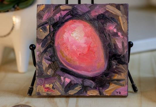 Oil painting on canvas ORIGINAL art Pink egg in nest Easter egg artwork 4x4"