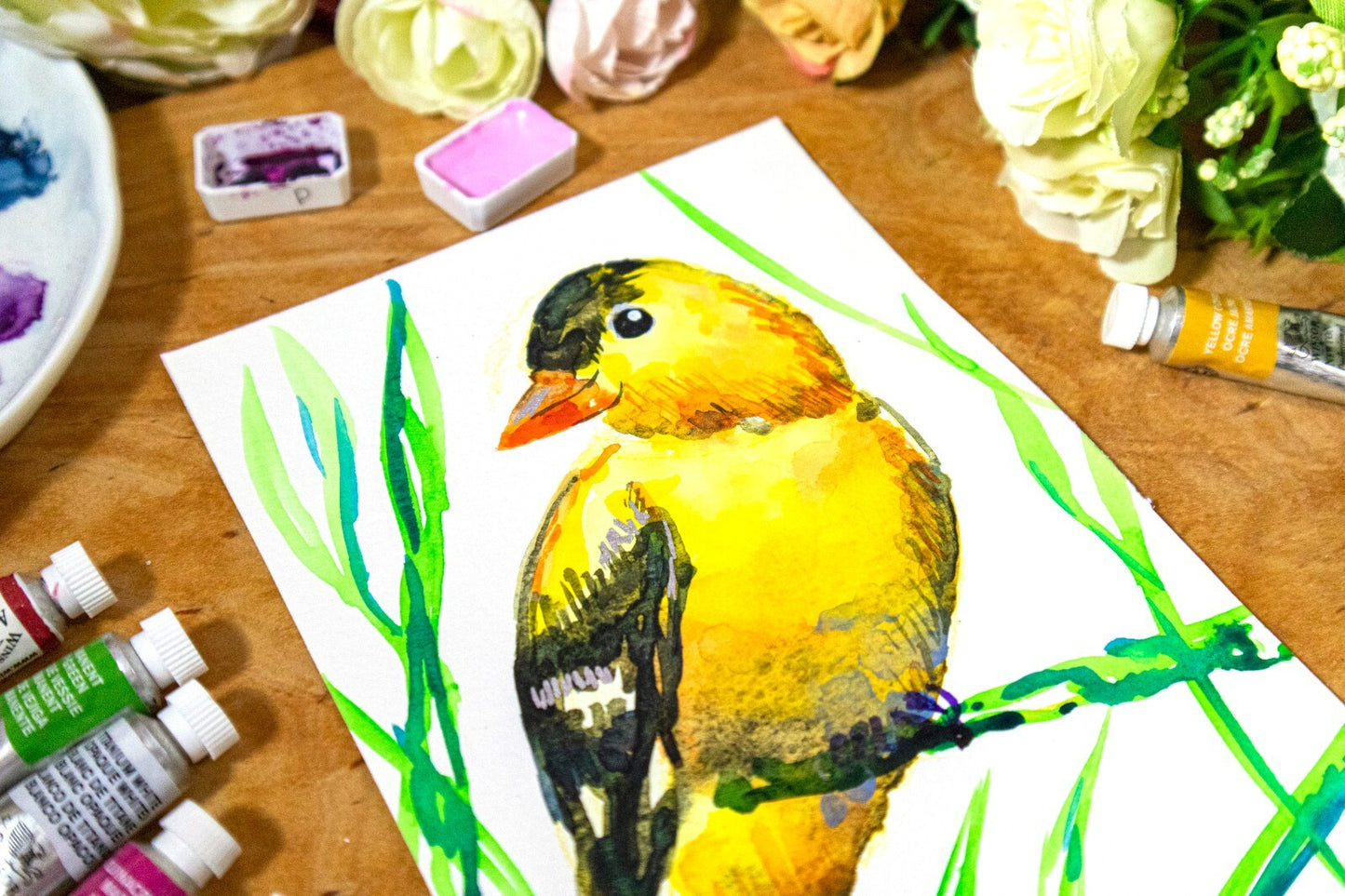Painting WATERCOLOR ORIGINAL Art Goldfinch Bird Artwork wall art 5x7"