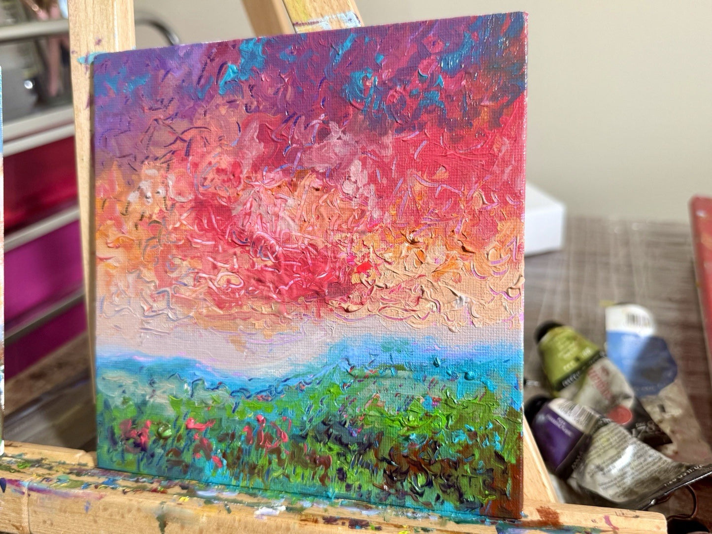 Oil painting ORIGINAL art Landscape sunset Sky Cloud wildflower field Floral 6x6