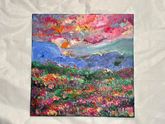 Acrylic painting ORIGINAL art Landscape sunset Mountain wildflower field 6x6