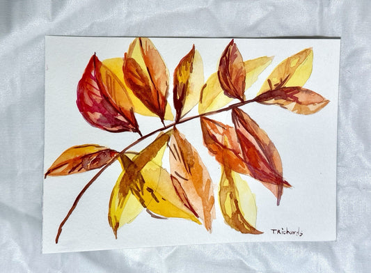 Watercolor painting ORIGINAL art Yellow Walnut Leaves Fall Autumn Signed 5x7"