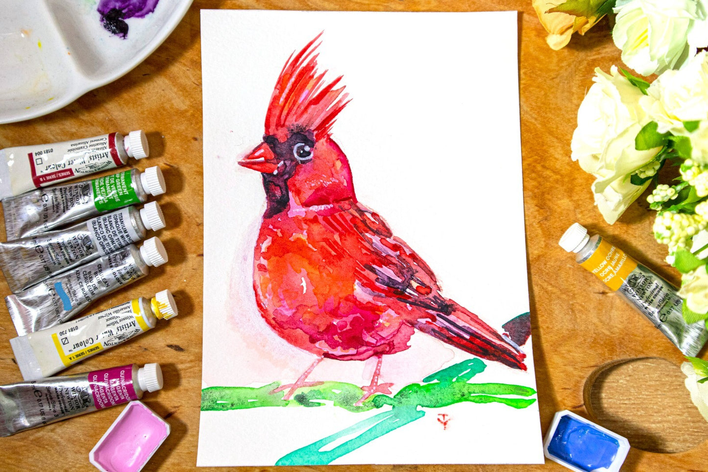 WATERCOLOR Painting ORIGINAL Art Northern Cardinal Bird Artwork wall art 5x7"