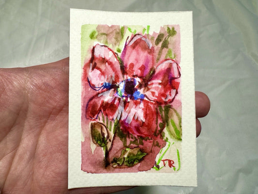 ACEO Watercolor Hibiscus ORIGINAL Art ATC Painting Miniature Flower 2.5x3.5"