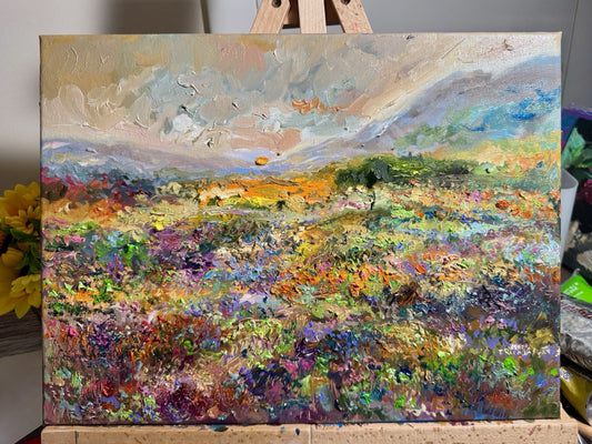 Oil painting ORIGINAL art Flower field landscape Meadow wildflower Signed 12x16"