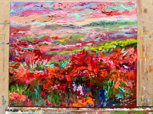 Field painting ORIGINAL art Landscape red sunset Floral wildflower 10x12"