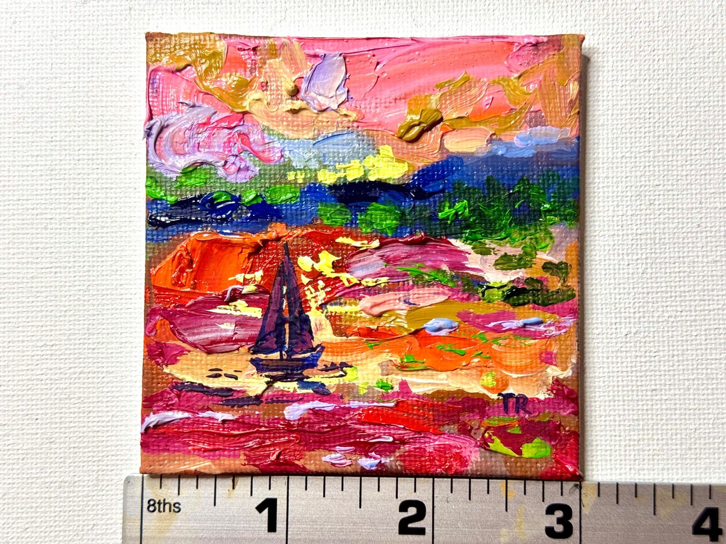 ORIGINAL oil painting Ocean sailboat River boat Sunset seascape mini art 3x3”