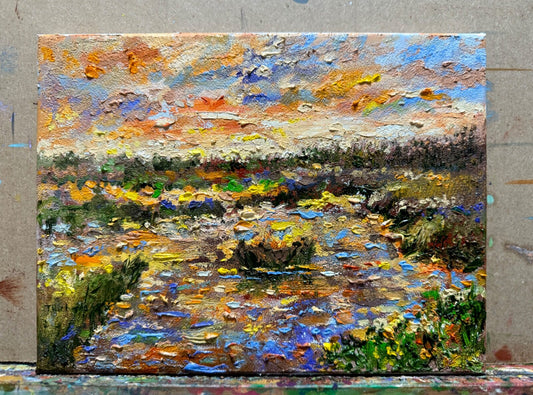 Pond oil painting on canvas ORIGINAL art Swamp artwork Landscape seascape 9x12"