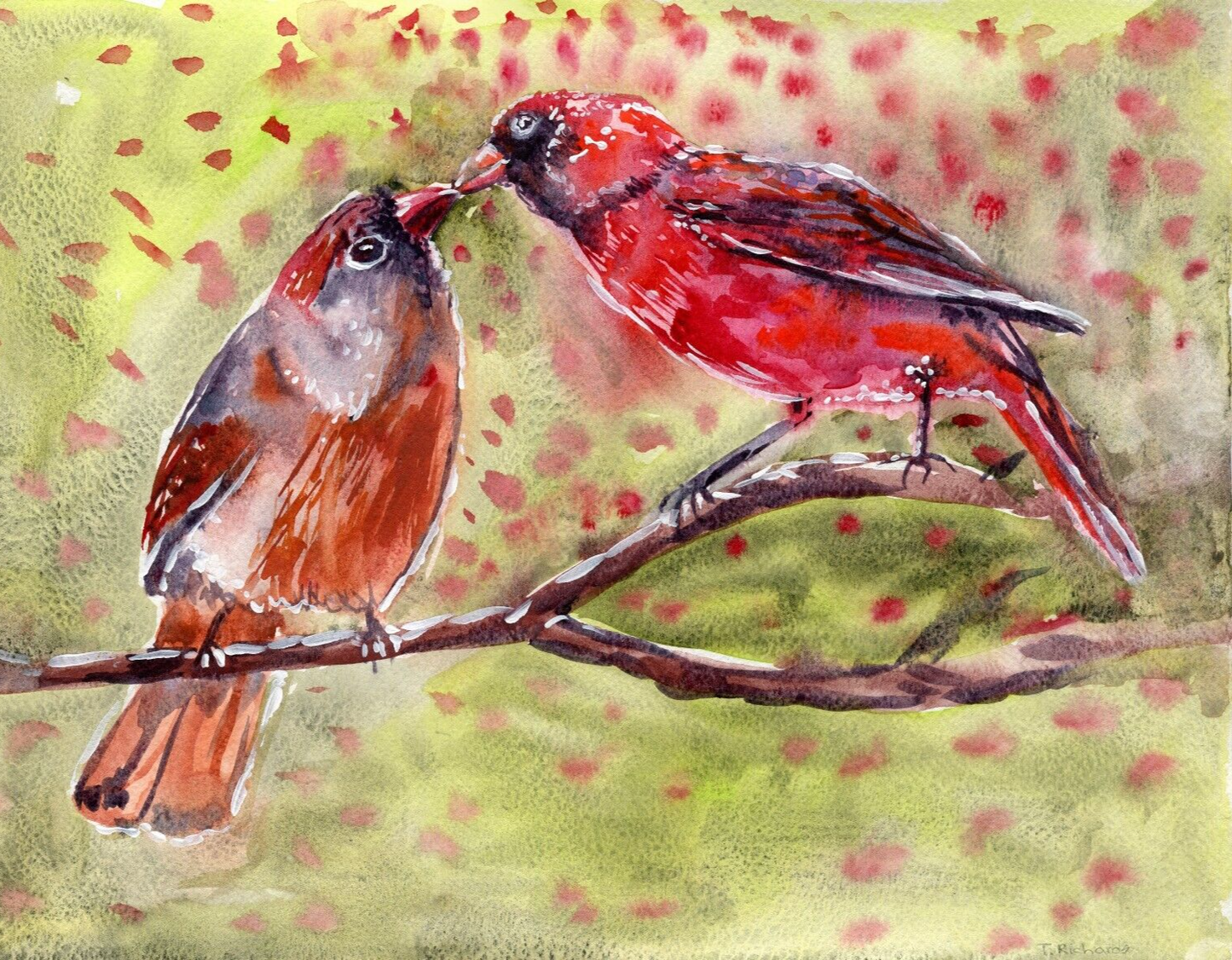 Watercolor painting ORIGINAL art Red Northern cardinal couple bird 11x14"
