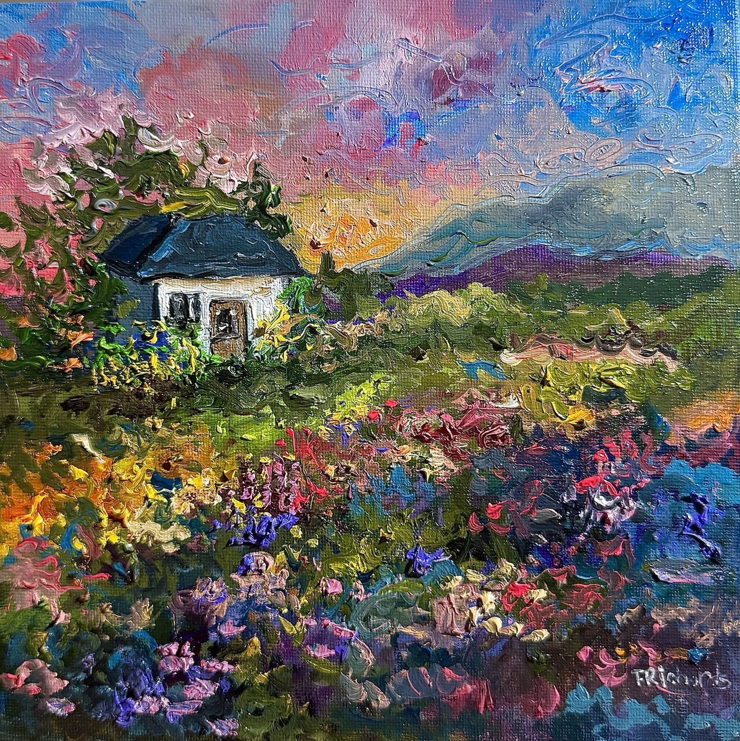 Farmhouse Oil painting ORIGINAL art Cottage House Flower Garden landscape 8x8