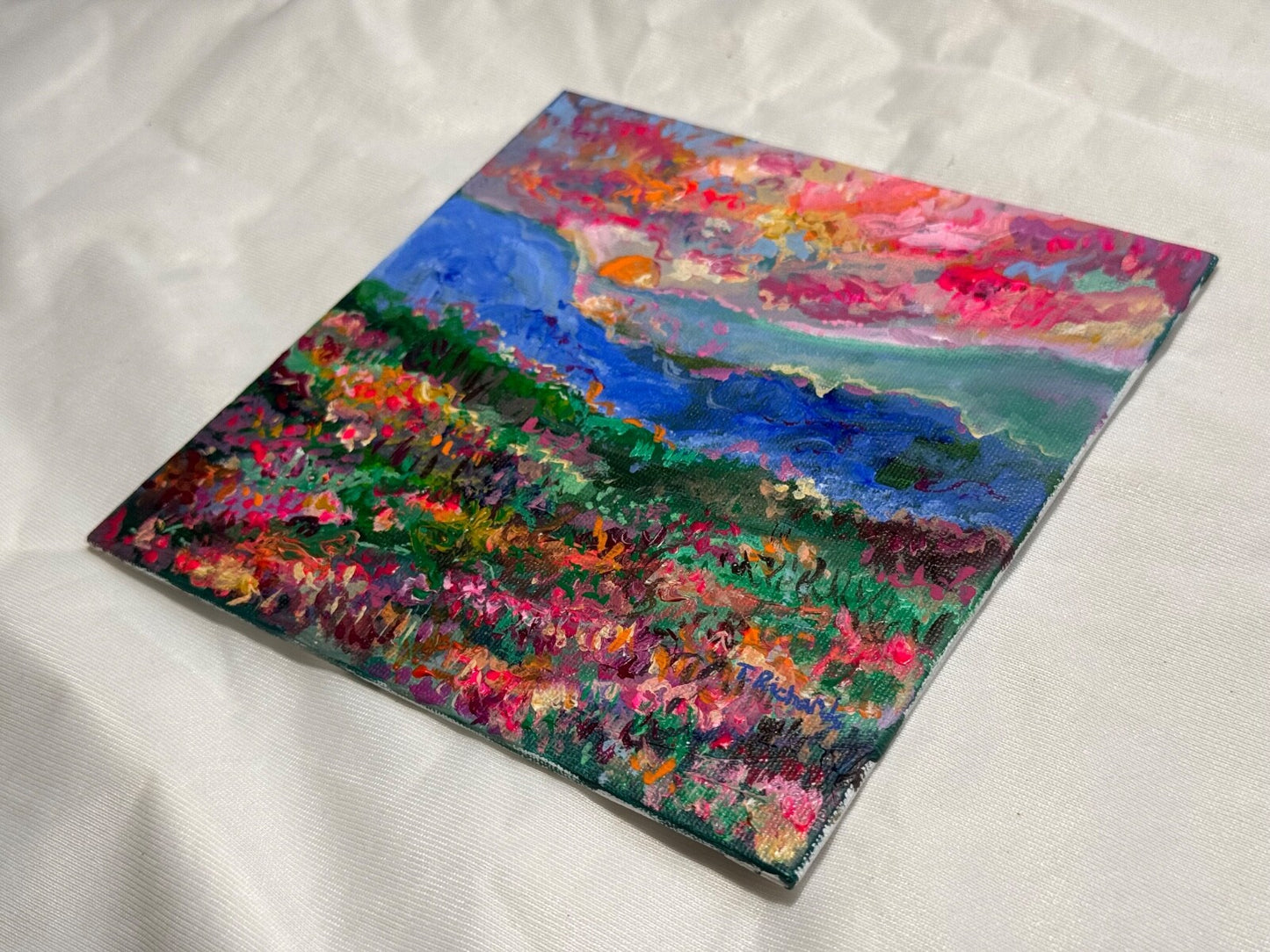 Acrylic painting ORIGINAL art Landscape sunset Mountain wildflower field 6x6