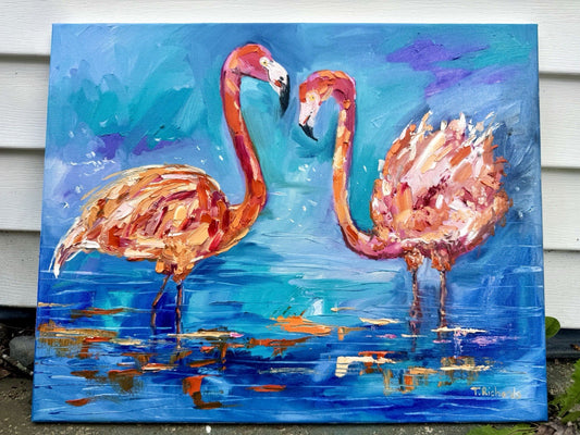 Oil painting ORIGINAL art Flamingo couple Bird Ocean Seascape Signed 16x20"