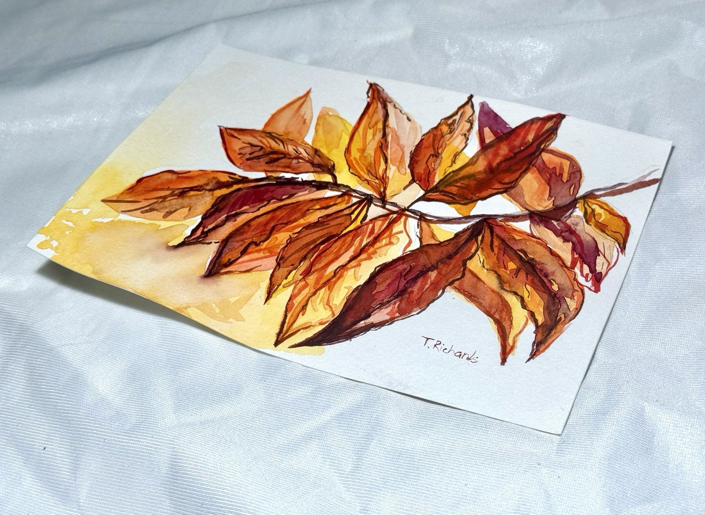 Watercolor painting ORIGINAL art Yellow Walnut Leaves Fall Autumn Signed 5x7"