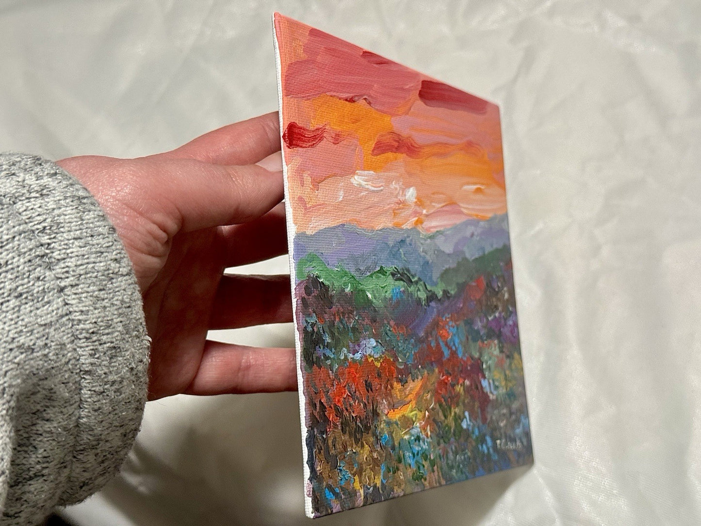 Acrylic painting ORIGINAL art Landscape sunset Mountain wildflower field 6x6