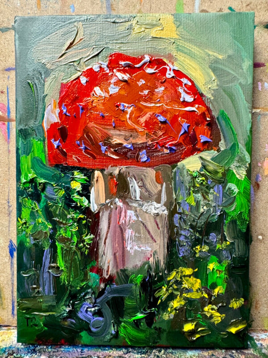 Red mushroom Oil painting ORIGINAL art Fly agaric Amanita forest artwork 5x7