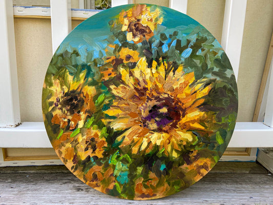 Oil painting ORIGINAL art Sunflower field landscape wall art flower floral 16x16