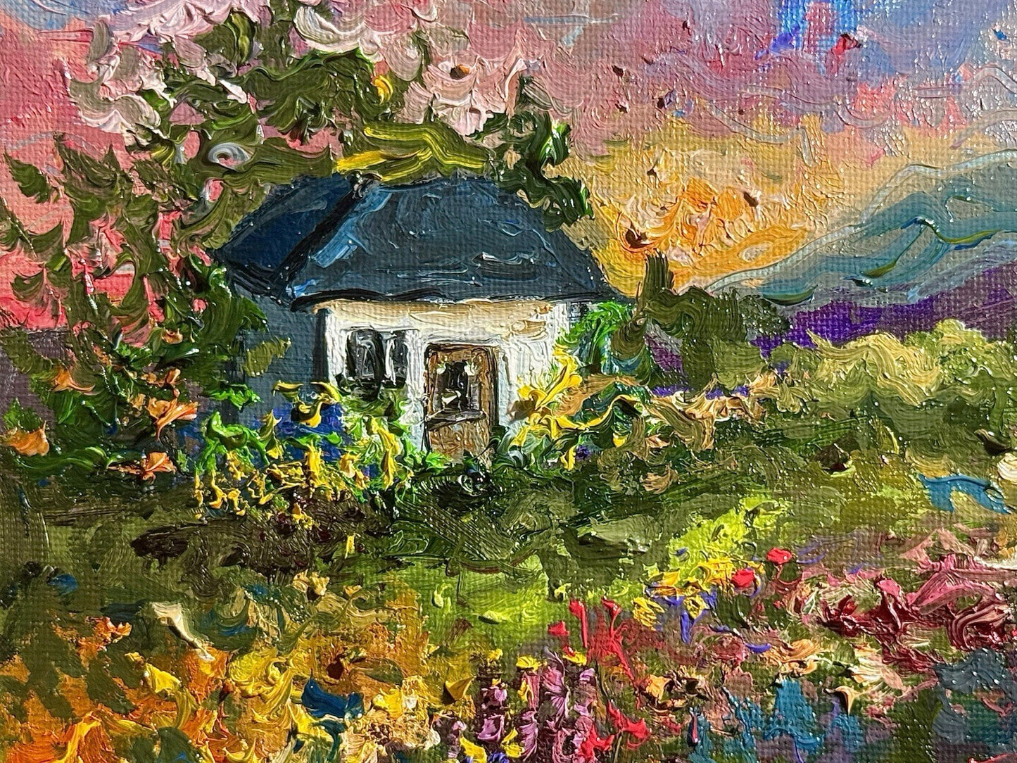 Farmhouse Oil painting ORIGINAL art Cottage House Flower Garden landscape 8x8