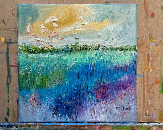 Field painting ORIGINAL art Landscape sunrise Floral flower wildflower 10x10”