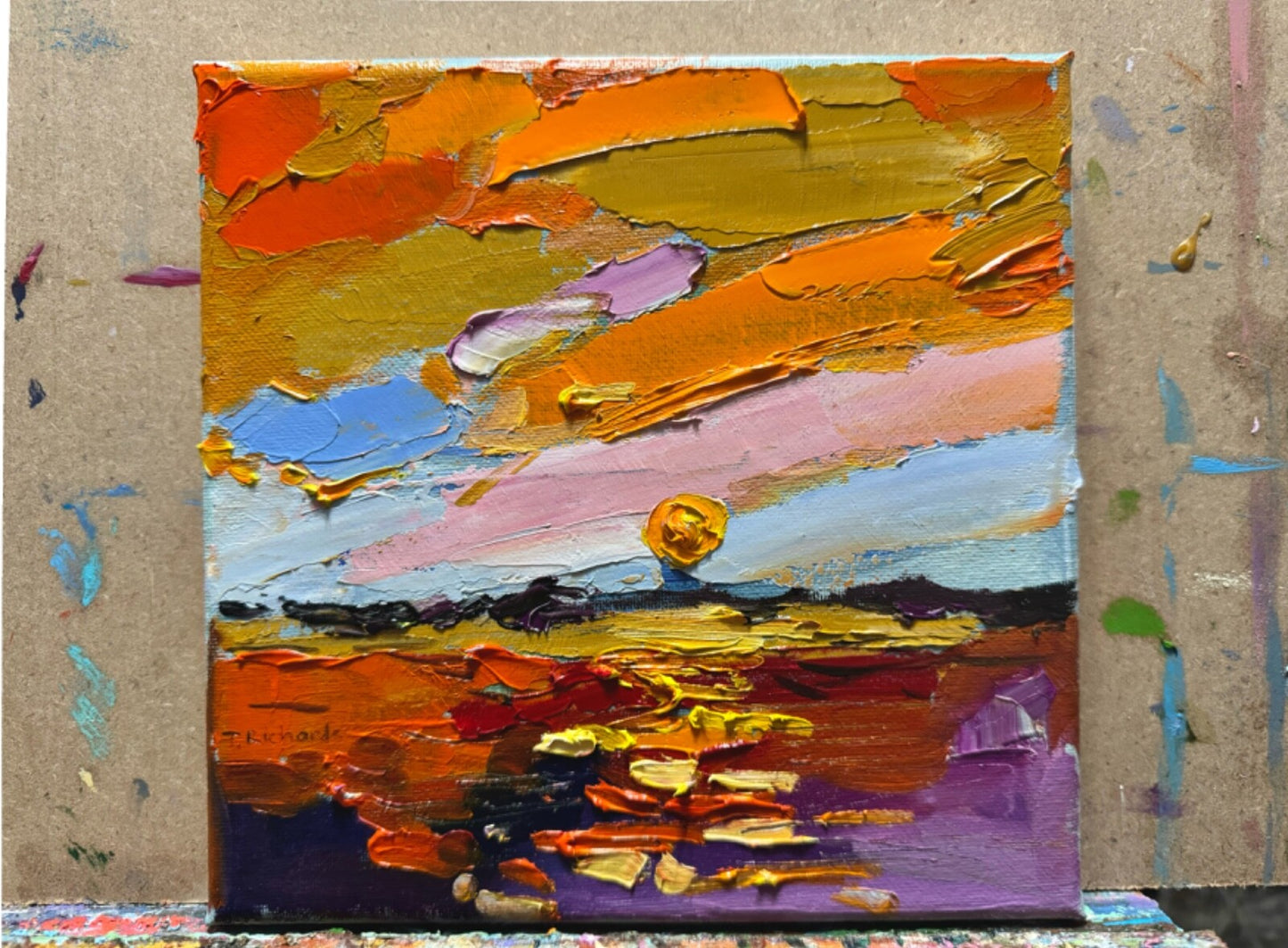 Oil painting ORIGINAL art Ocean artwork small sunset Seascape landscape 8x8"