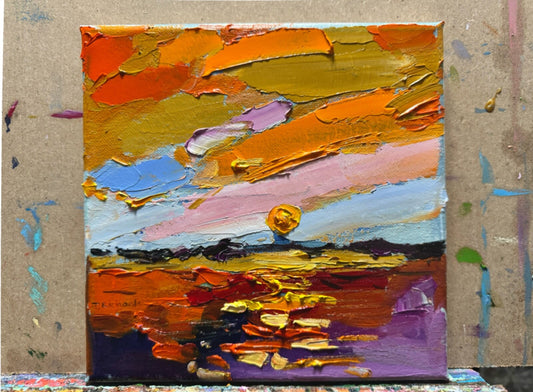 Oil painting ORIGINAL art Ocean artwork small sunset Seascape landscape 8x8"