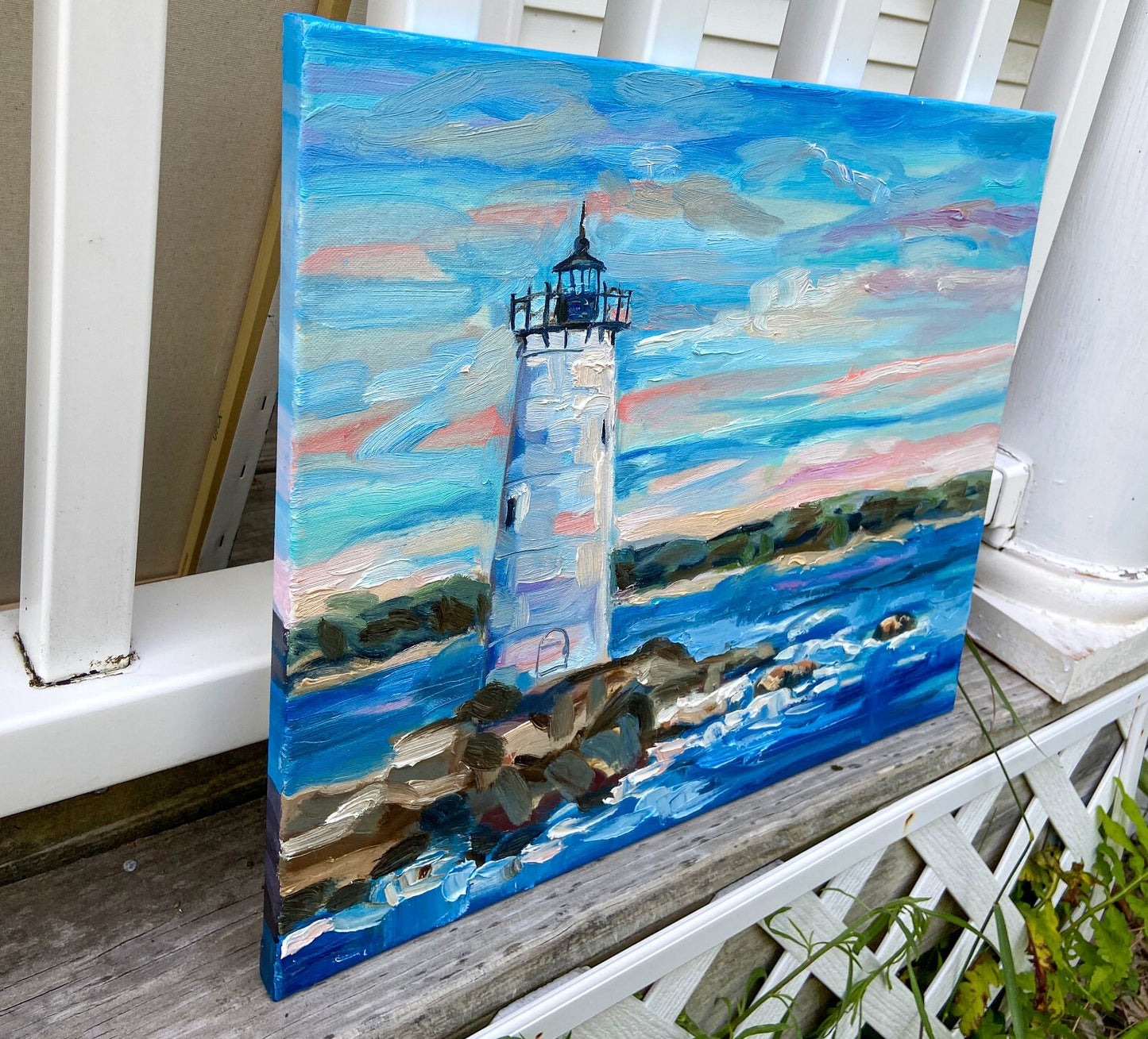 Portsmouth Harbor Lighthouse oil painting ORIGINAL art Seascape ocean 16x20"