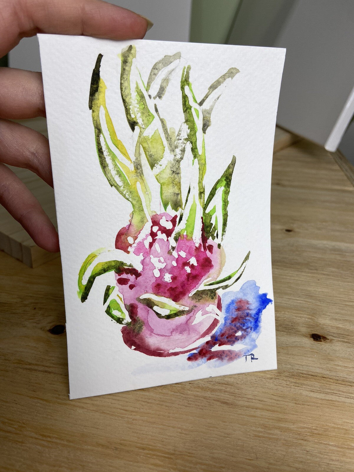 WATERCOLOR painting Dragon fruit ORIGINAL art Pitaya small artwork Food 4x6"