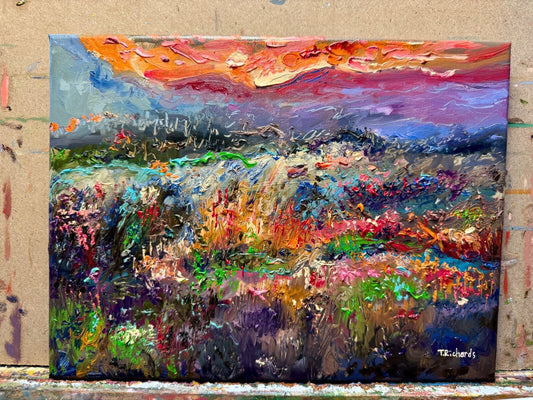 Wildflower painting ORIGINAL art Landscape mountain sunset Floral Field 9x12"