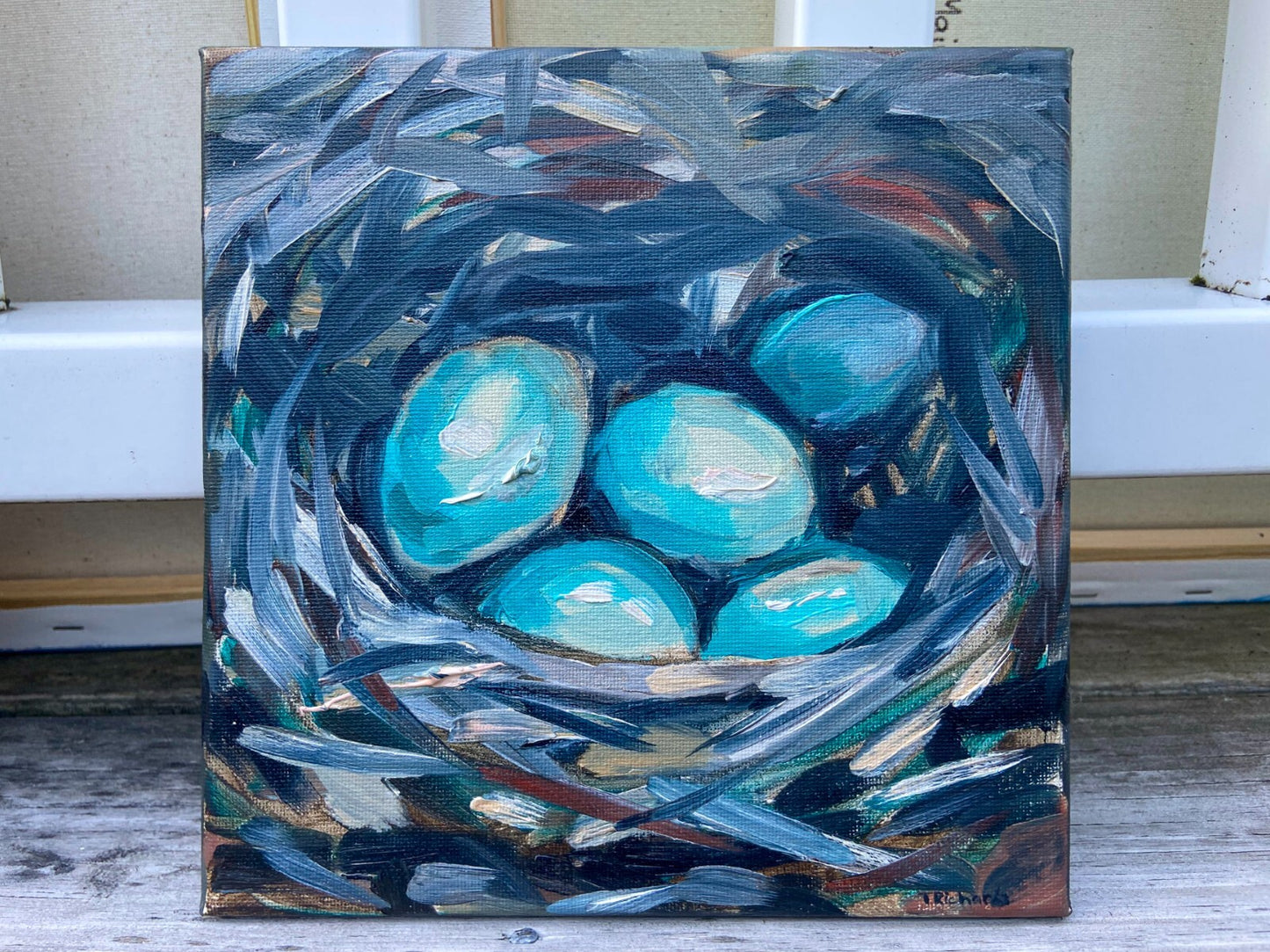 Oil painting ORIGINAL art Eggs blue jay nest artwork small wall art 8x8"