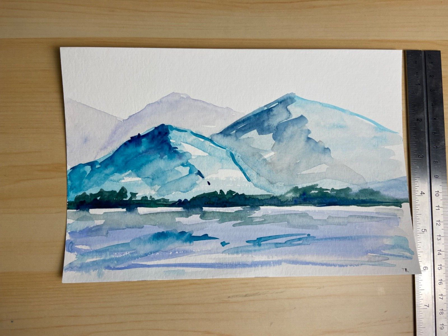 Watercolor painting ORIGINAL art Seascape Mountain river landscape ocean lake
