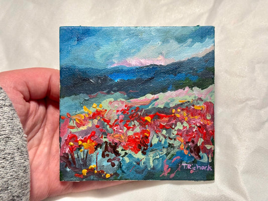 Wildflower field Original art Landscape red flower floral Acrylic Painting 4x4”