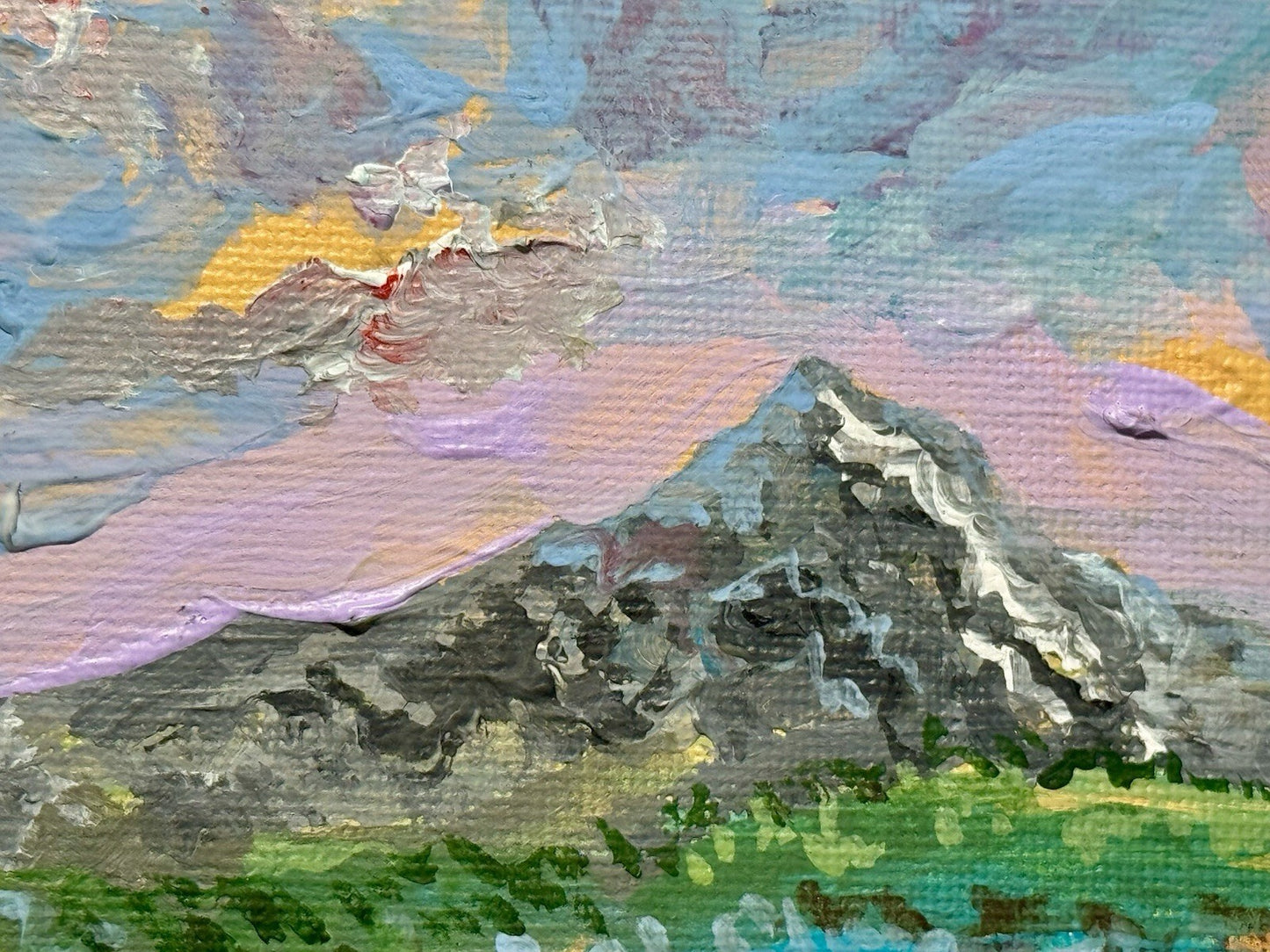 Acrylic painting ORIGINAL art Landscape sunset Mountain wildflower field 6x6