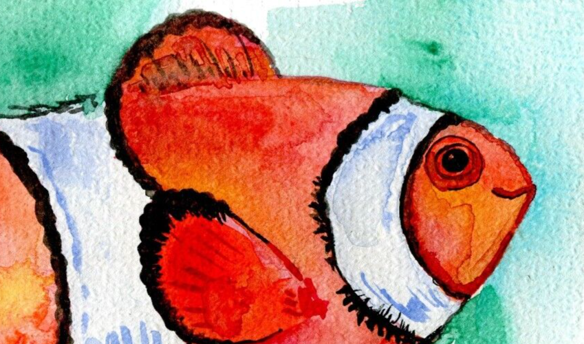 Painting ORIGINAL Art Clownfish Fish Watercolor Sealife Wall Art 5,9x8,2"