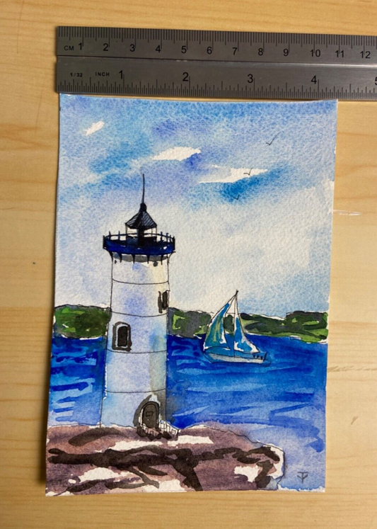 WATERCOLOR painting ORIGINAL art Portsmouth Harbor Lighthouse ocean boat artwork
