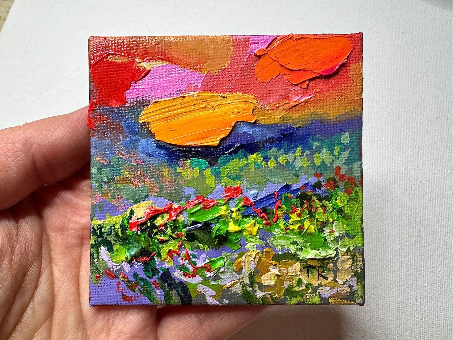 ORIGINAL oil painting Landscape artwork Meadow field wildflower Sunset art 3x3”