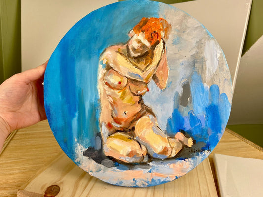 ORIGINAL oil painting Nude naked woman figurative round canvas artwork 12x12"