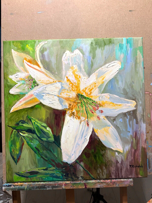 ORIGINAL oil painting White lily Flower wall art Lilies floral artwork 20x20"