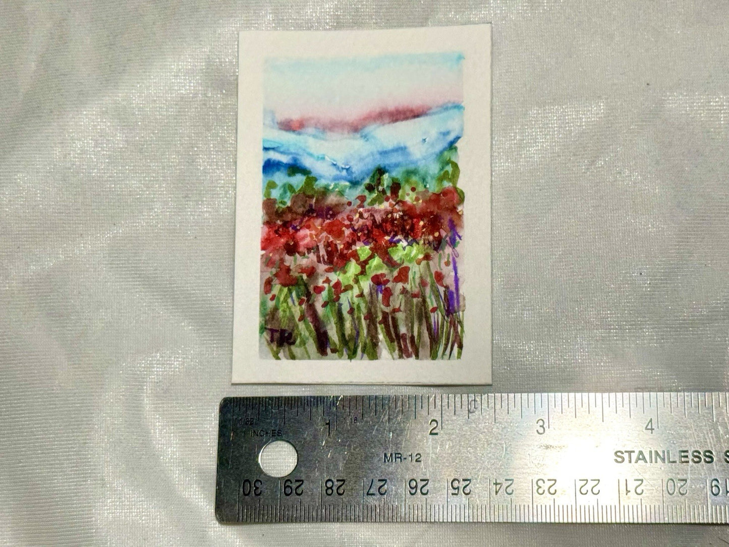 ACEO Watercolor Red California Poppy Landscape ORIGINAL Art ATC Painting 2.5x3.5