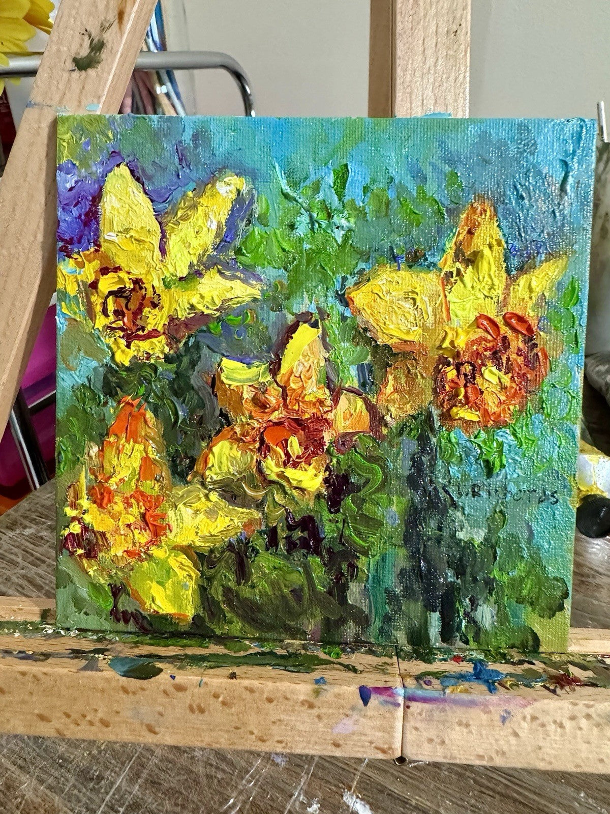 Oil painting ORIGINAL art Yellow Daffodil Flower Floral Nature Still Life 6x6”