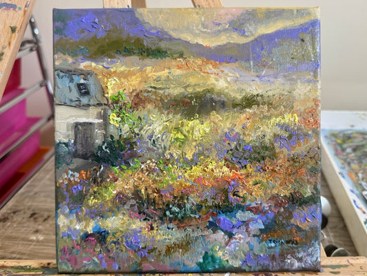 Meadow Flower Field Oil painting ORIGINAL art Mountain Landscape Farmhouse 8x8"