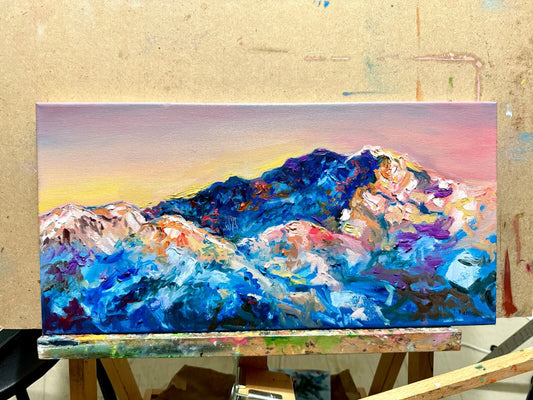 Oil painting ORIGINAL art Mountain artwork Landscape Sky sunrise signed 10x20"