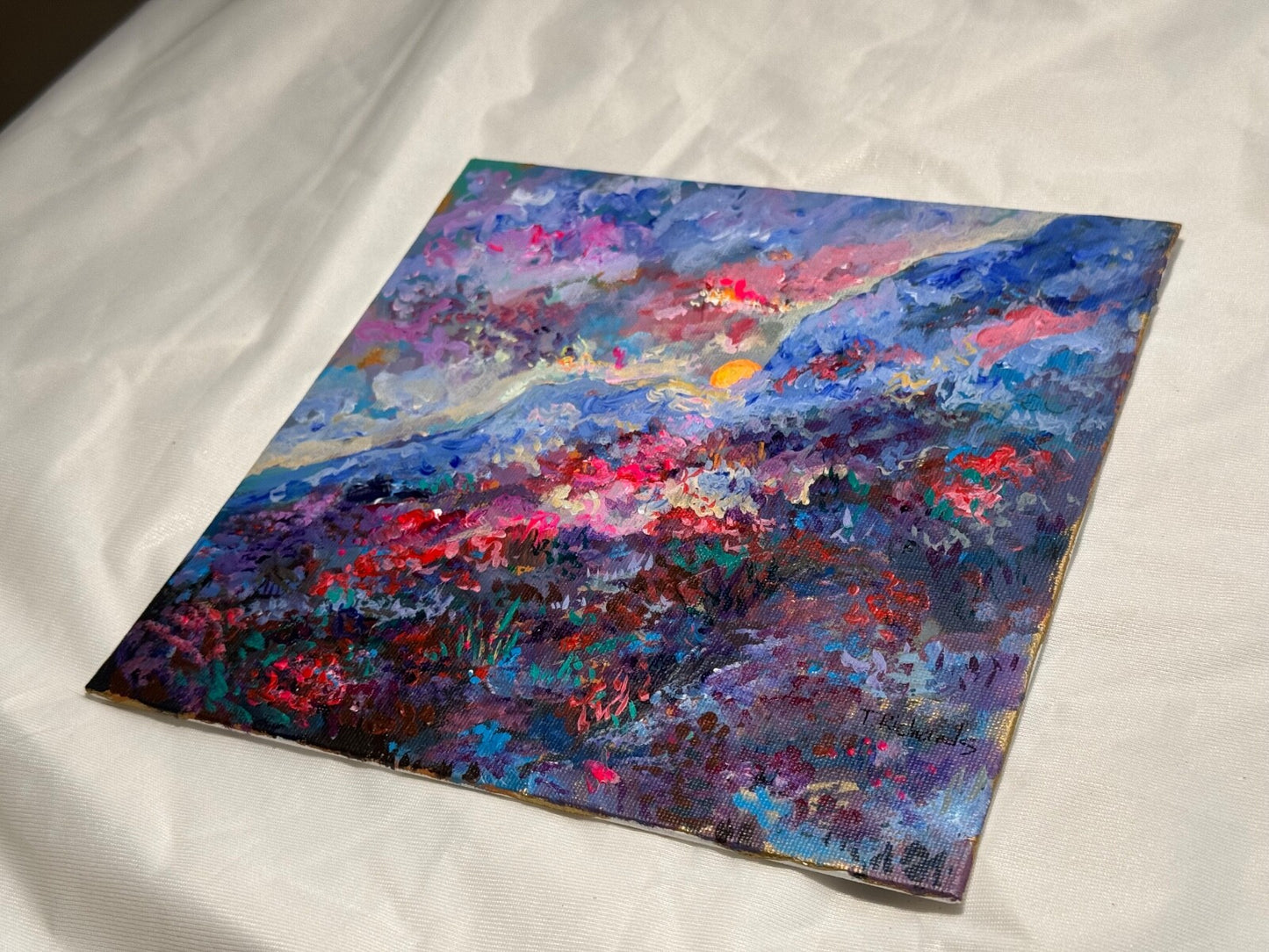 Acrylic painting ORIGINAL art Landscape Sunrise wildflower field Mountain 8x8”