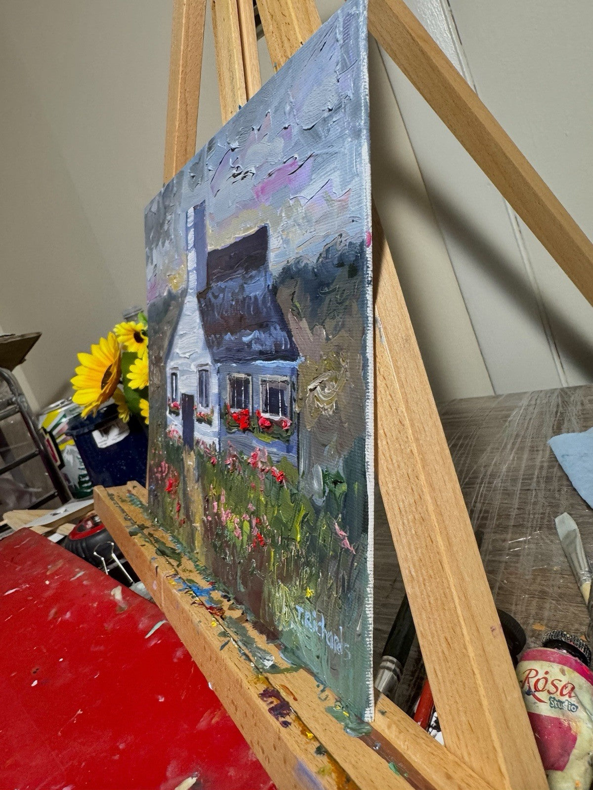 Farmhouse Oil painting ORIGINAL art Cottage House Flower Garden landscape 8x10