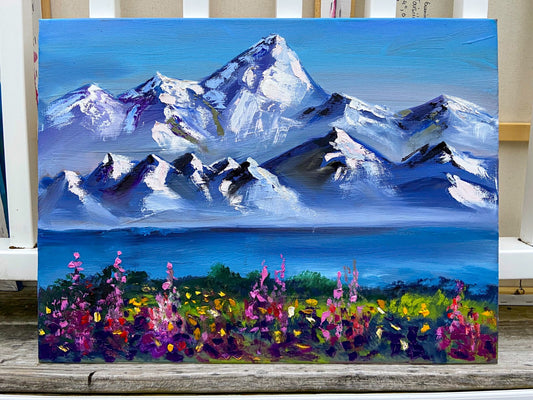 Original art oil painting Landscape mountain artwork Lake lupines Alaska 18x24"